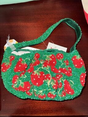 Green Beaded Shoulder Bag with Red Strawberry Motif